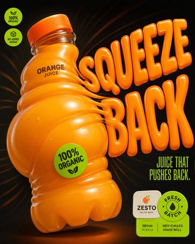Squeezed orange juice bottle bulges with playful plastic tension