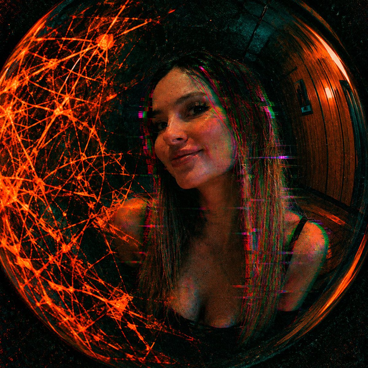 Glitch portrait emerges from dark bubble with orange tangled lines
