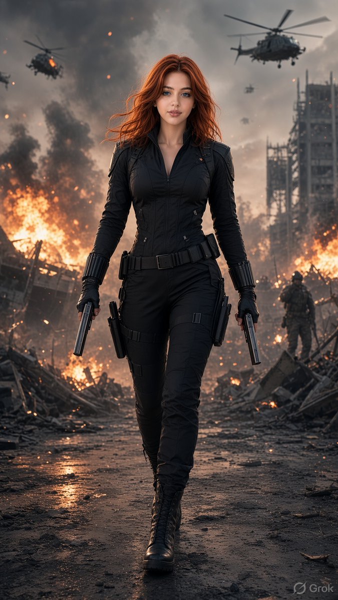 Copper-haired warrior strides through burning battlefield with guns drawn