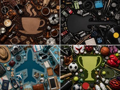A flat lay of vintage cameras forms a perfect guitar silhouette