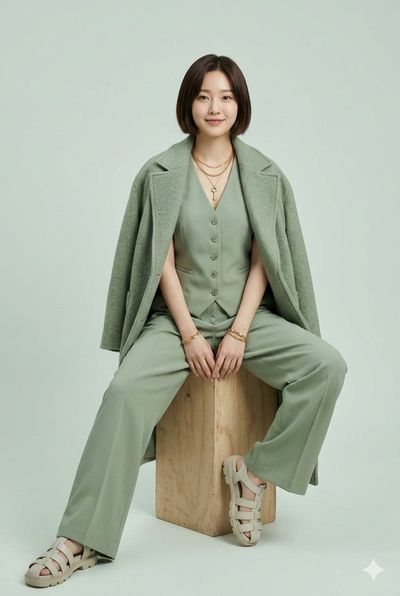East Asian model wears sage green vest and wide-leg trousers