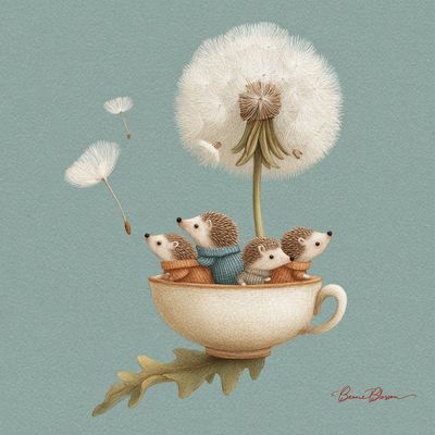 A tiny teacup sails on a dandelion seed with hedgehog family