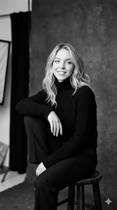 Sydney Sweeney poses elegantly in a black and white studio portrait.
