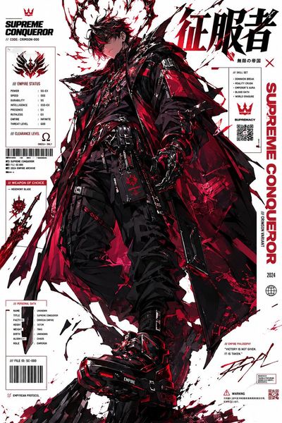 Supreme conqueror in crimson tactical coat commands urban battlefield