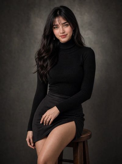 Elegant woman in black turtleneck poses under dramatic studio light