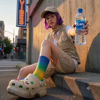 A young woman with purple bob sits on curb in golden hour