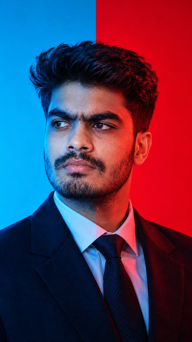 Man in suit split by dramatic cyan and red lighting