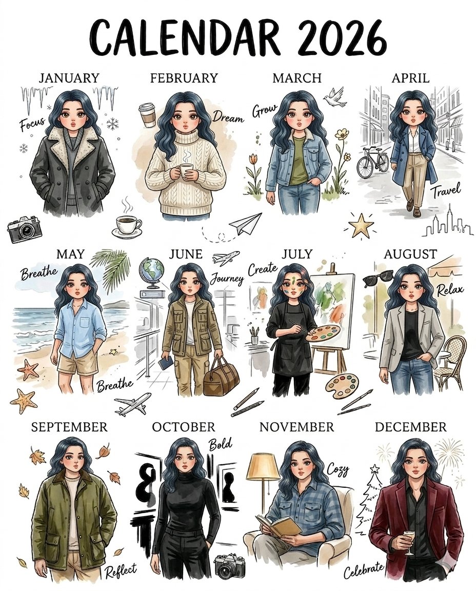 Chibi girl celebrates 2026 with seasonal outfits and dreams