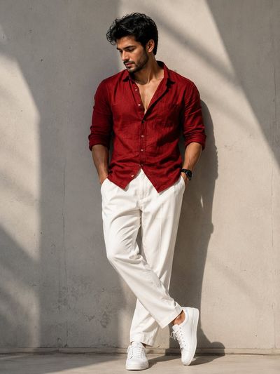 South Asian man leans against concrete wall in crimson linen shirt