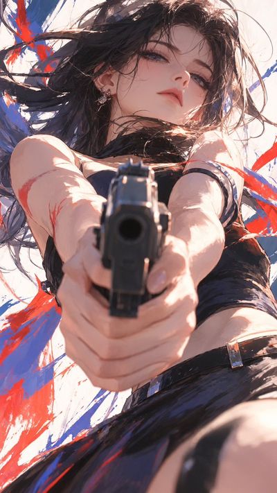 Fierce anime woman aims pistol directly at viewer in dynamic low-angle shot