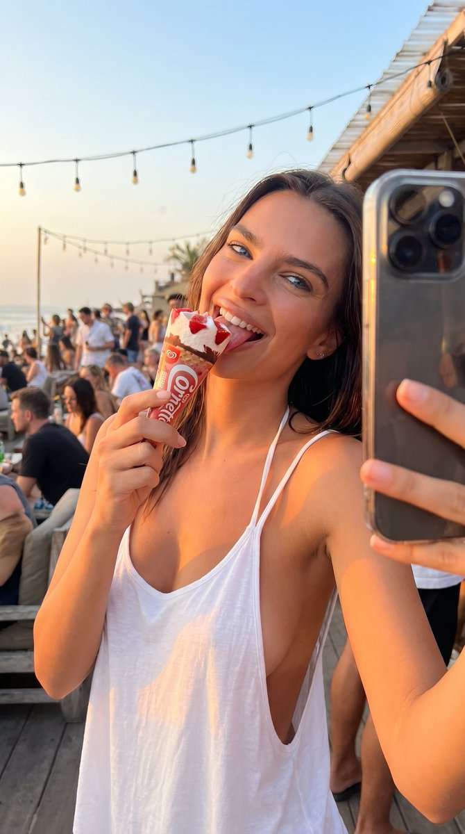 Emily Ratajkowski licks a strawberry gelato at a busy bar
