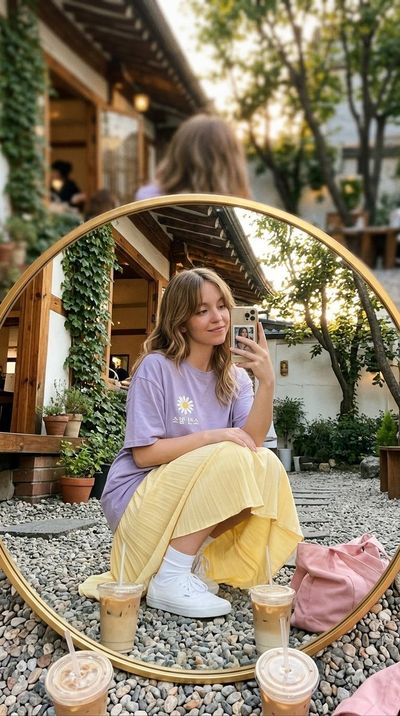 A young woman takes a mirror selfie in a sunlit Korean café courtyard