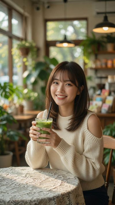 Young woman enjoys matcha latte in sunlit cafe surrounded by plants