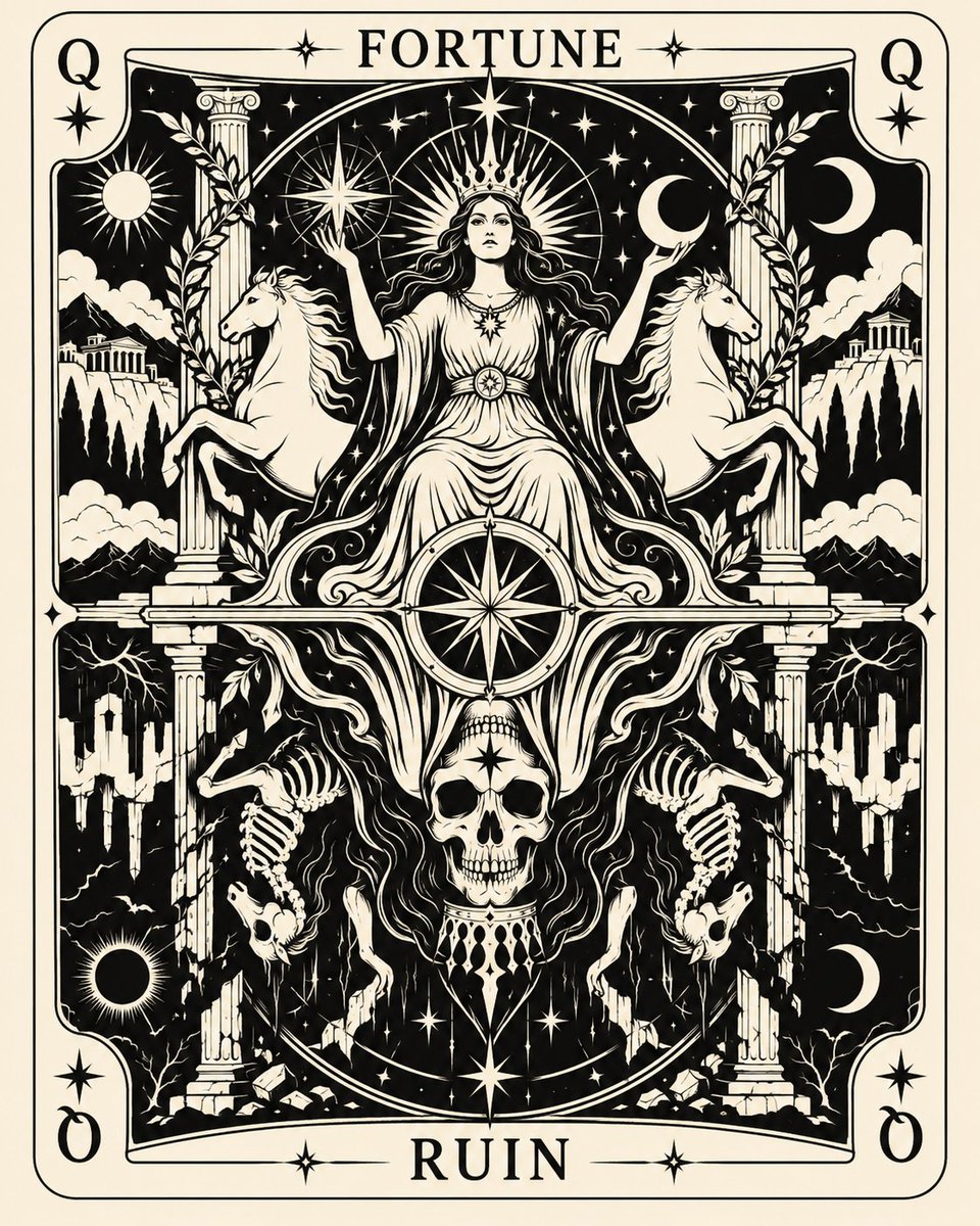 Dual-faced playing card reveals opposing silhouettes in flat vector art