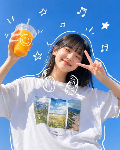 Joyful woman holds orange juice under bright blue sky