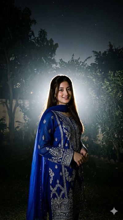 South Asian girl in blue traditional suit shines with halo rim light.