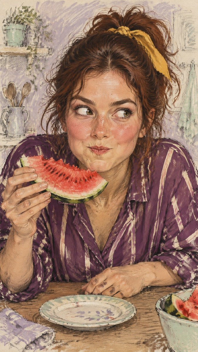 Quirky woman nibbles watermelon slice at sketchy kitchen table
