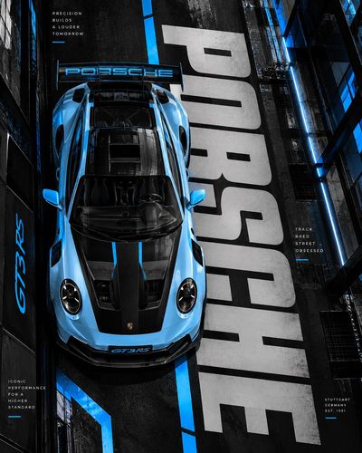 Sleek Supercar Dominates Dark Cityscape in Futuristic Editorial Poster
