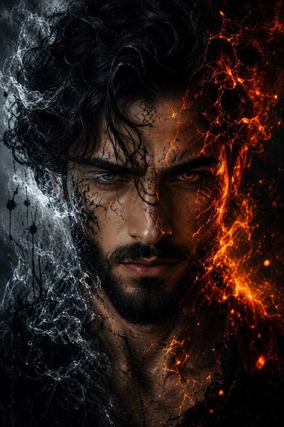 Bearded man's face splits into fire and ice in cinematic portrait