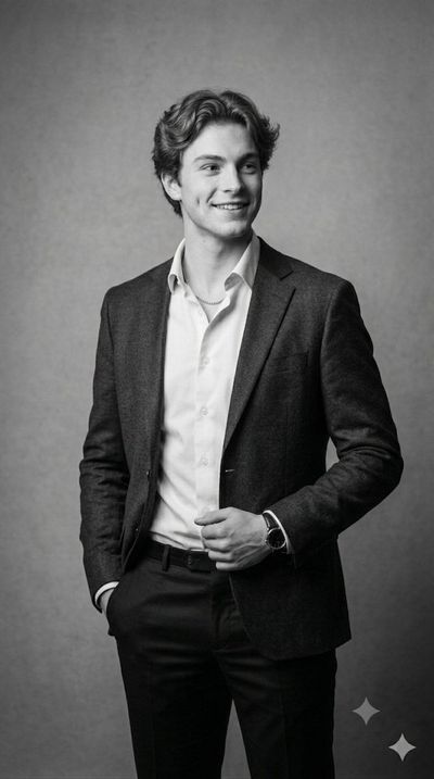 Confident young man poses in sharp black and white studio portraits