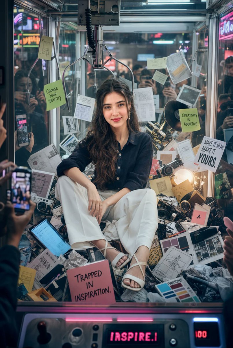 Creative director trapped in a giant claw machine filled with artistic tools