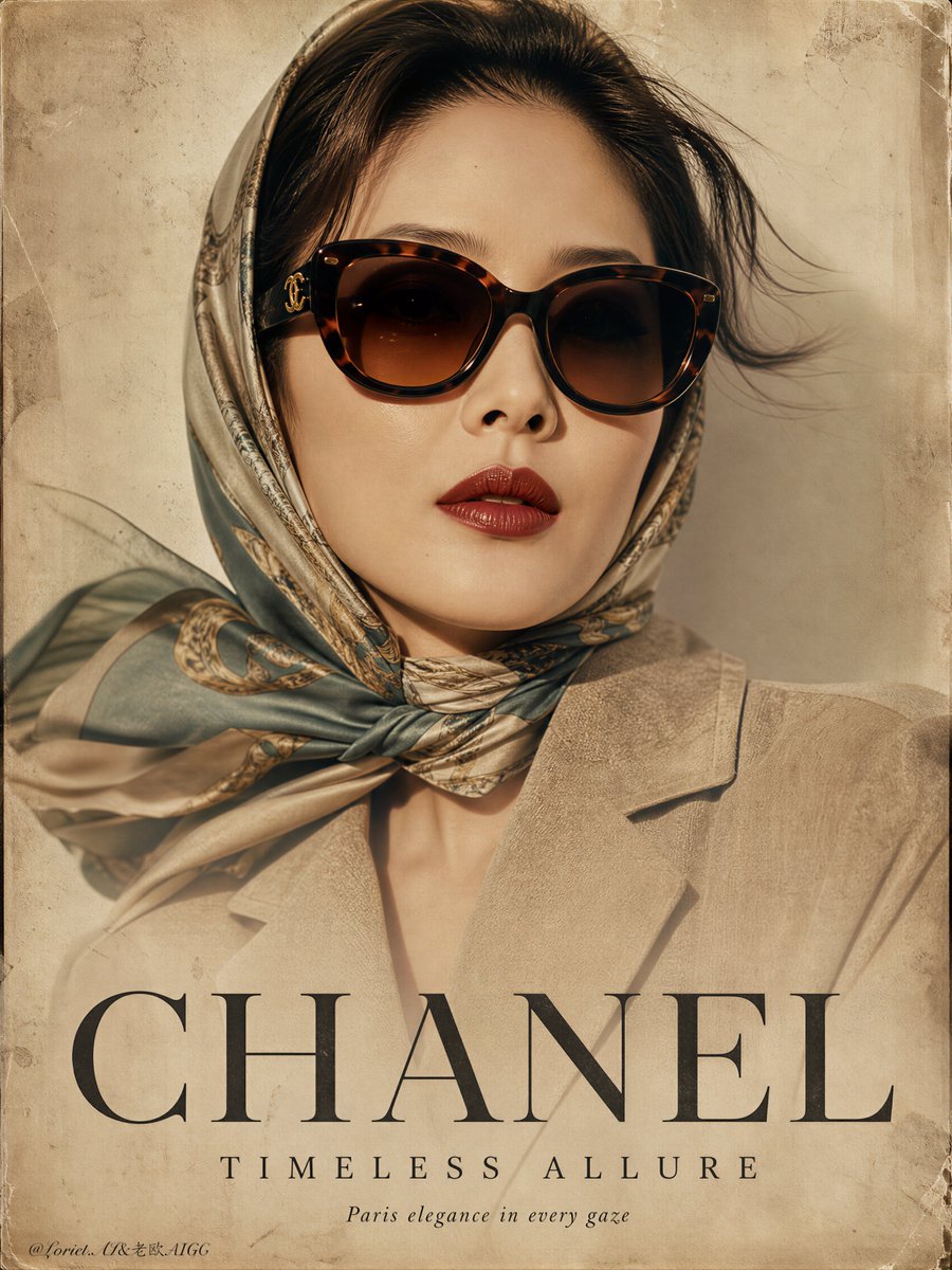 A mature Asian muse wears vintage Chanel sunglasses with elegant poise.