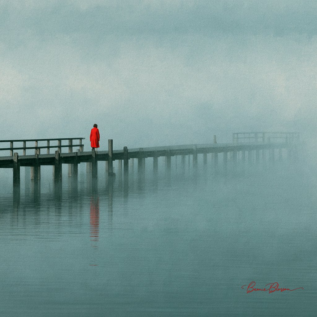 A lone woman in red walks into thick morning fog on a wooden pier