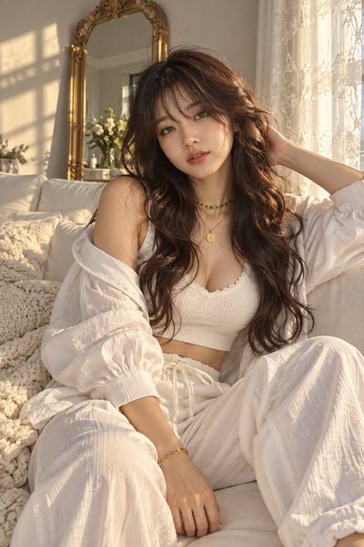 Woman in white lounges on cream sofa in golden light