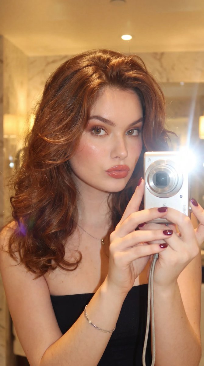 A beautiful woman takes a mirror selfie in a luxury marble bathroom