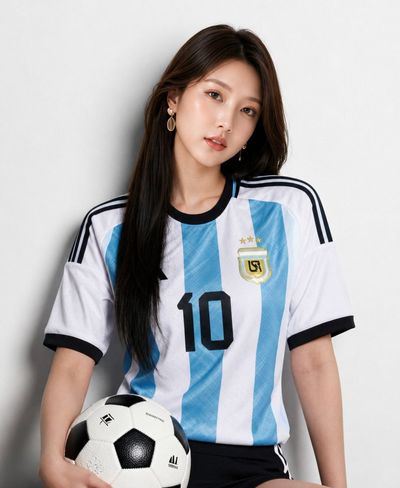 Argentine fan holds soccer ball in relaxed studio portrait