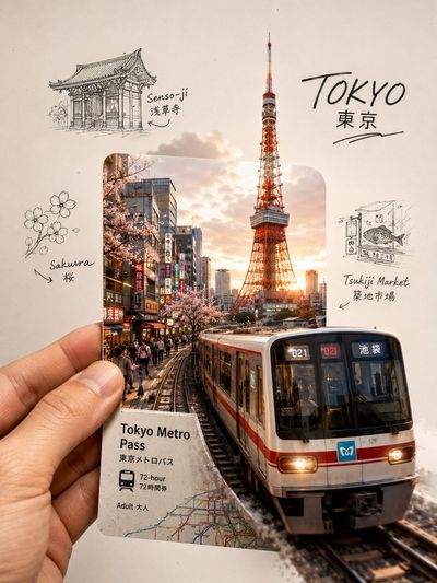 A hand holds a metro pass transforming into a miniature Tokyo cityscape