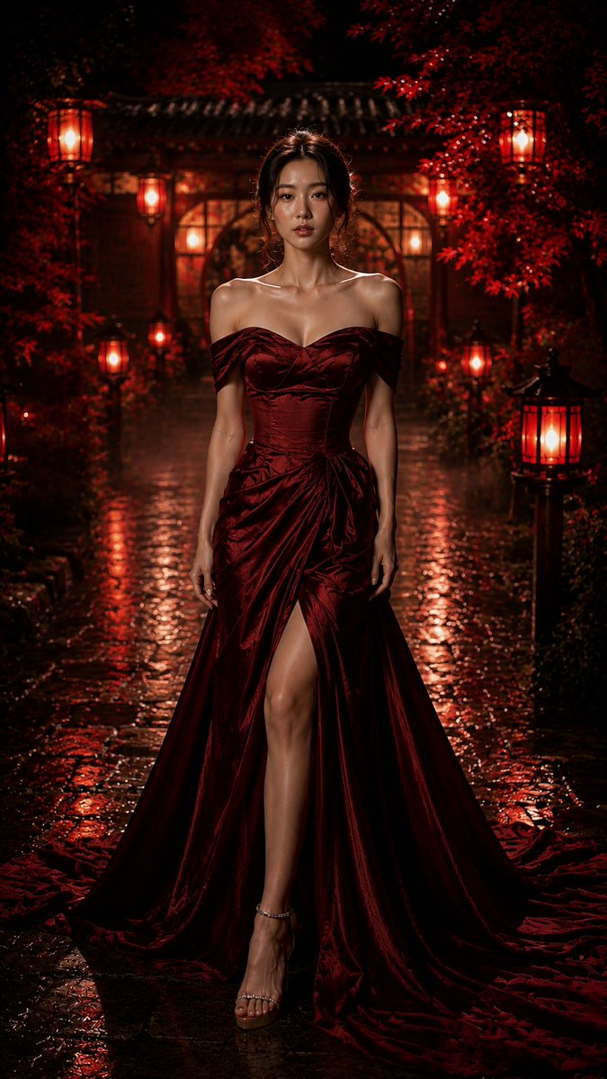 Japanese woman in ruby gown stands gracefully in crimson lantern garden
