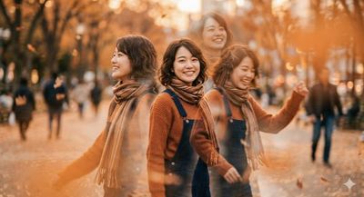 Joyful woman strides through autumn park in layered motion