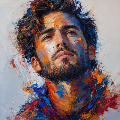 A confident young man emerges from explosive impasto brush strokes.