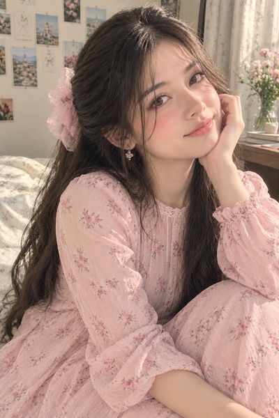 Sunlit portrait of a young woman resting on a bed with floral bedding