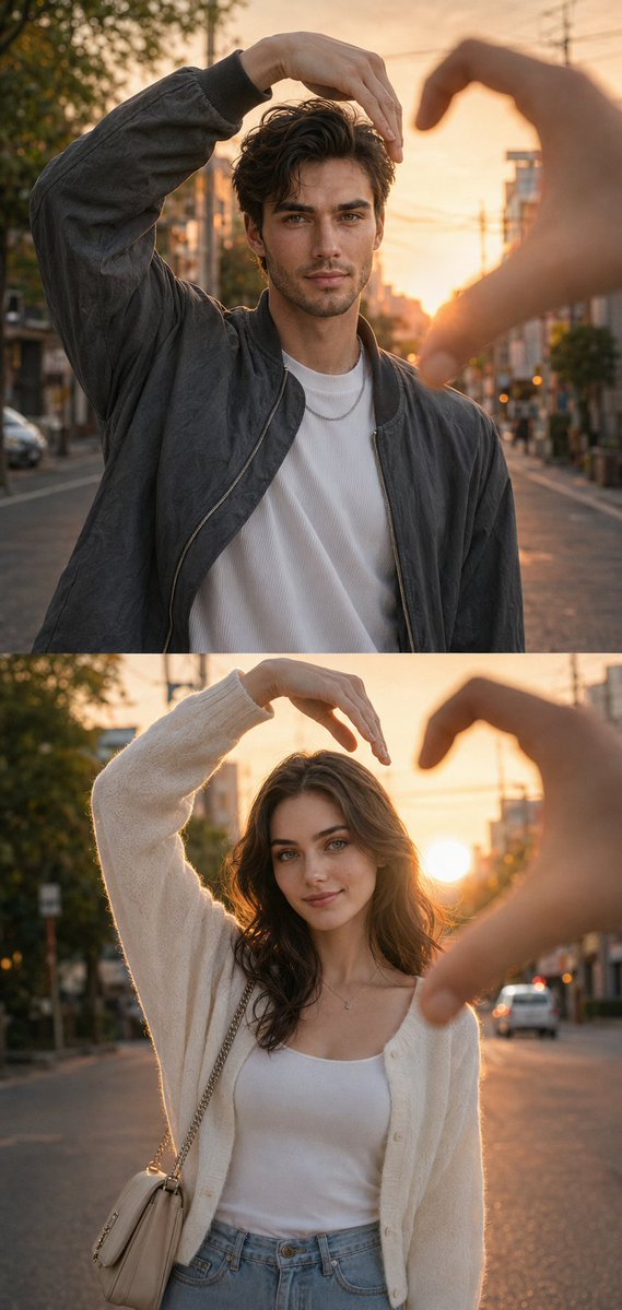 A romantic couple completes a heart across two golden hour panels