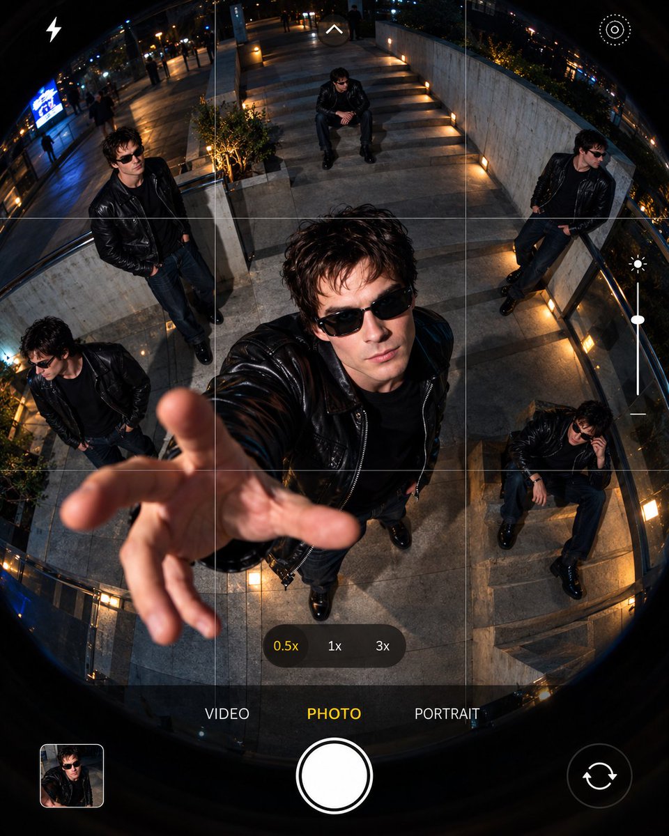 Fisheye Phone View Captures Multiple Identical Figures in Urban Scene