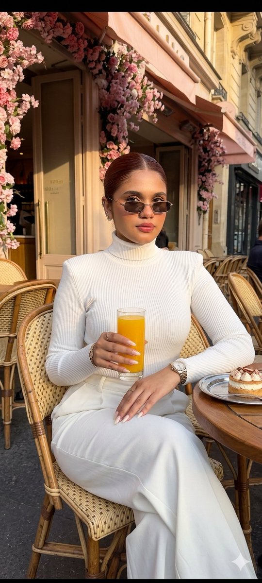 A glamorous woman enjoys sunset coffee at a cozy European café.