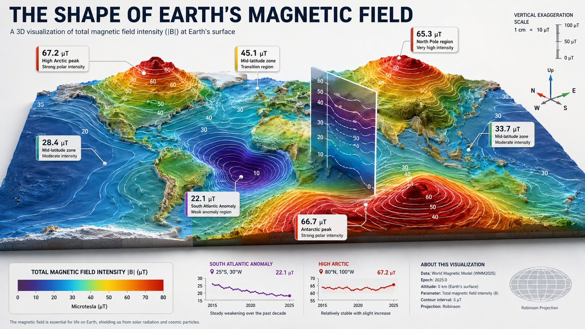 Earth's magnetic field reshapes into a dramatic 3D terrain landscape