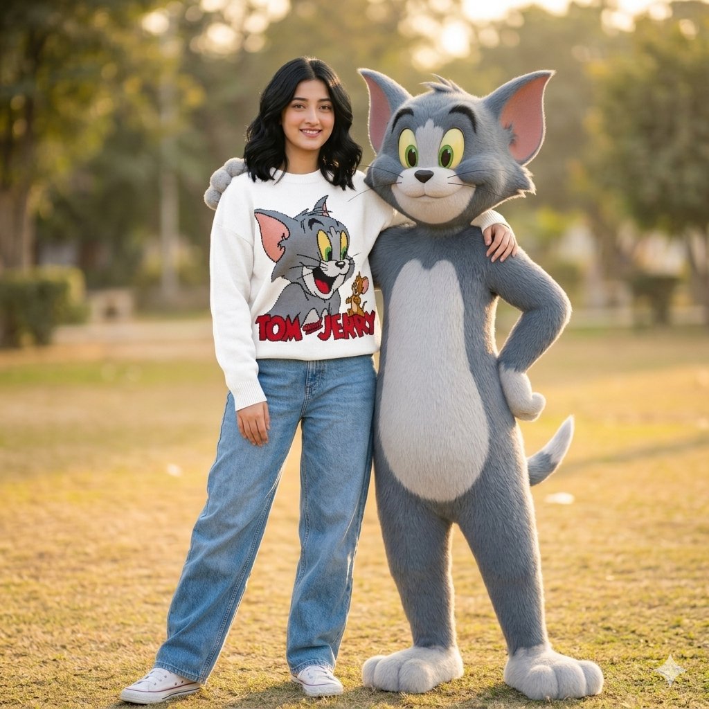 A young woman poses beside an anthropomorphic Tom Cat during golden hour