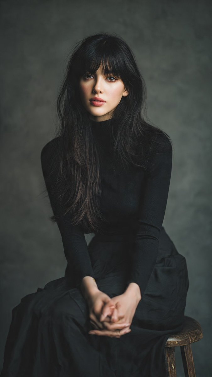 Elegant woman in black turtleneck poses under dramatic studio lighting