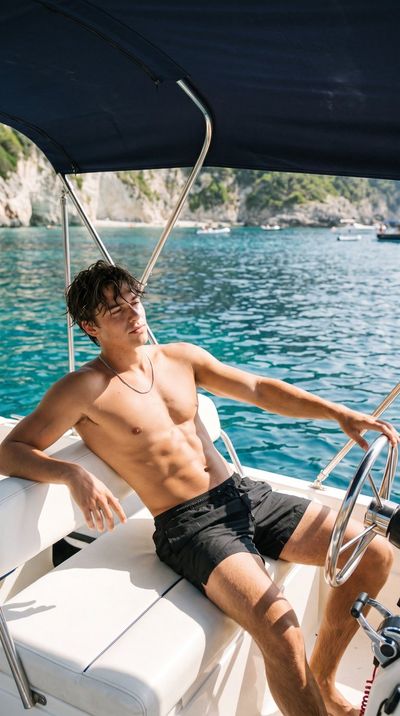 Athletic man relaxes on luxury boat under Mediterranean sun