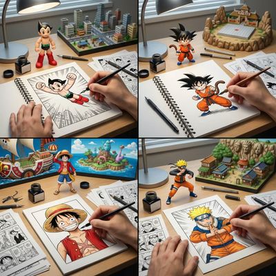 Iconic Manga Legends in a Creative Workspace Showcase