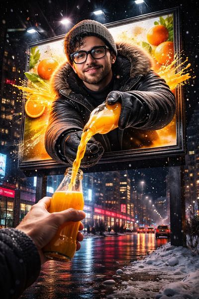 Hyper-Realistic Nighttime Billboard with 3D Orange Juice Illusion
