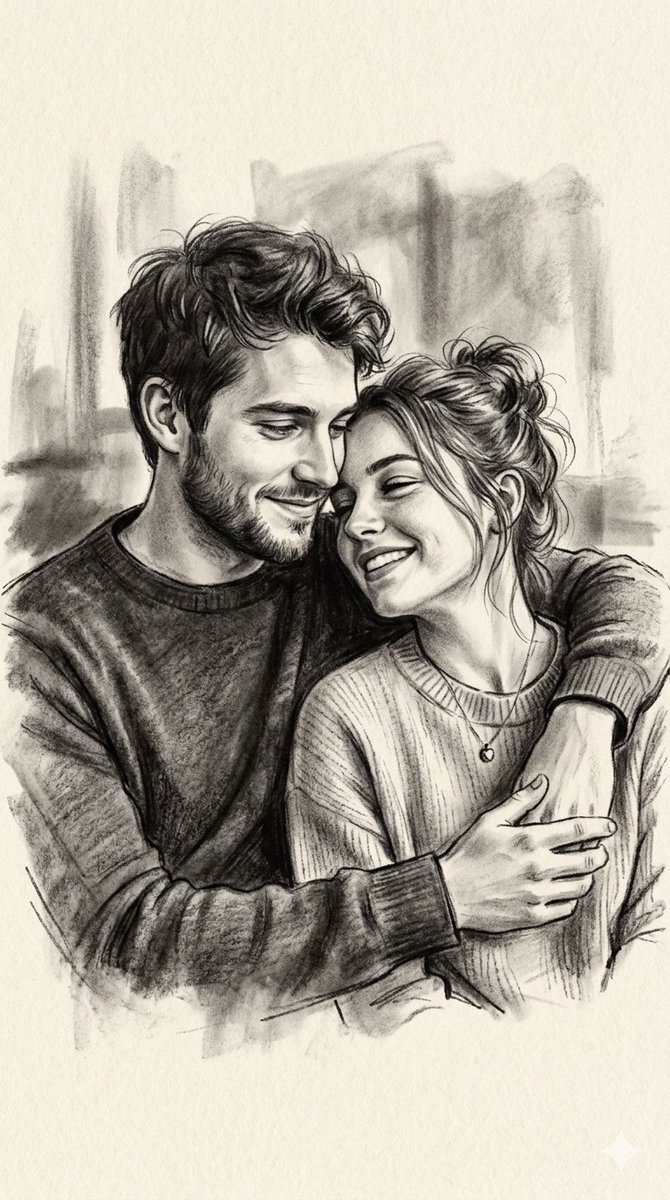 A young couple shares a warm embrace in charcoal portrait