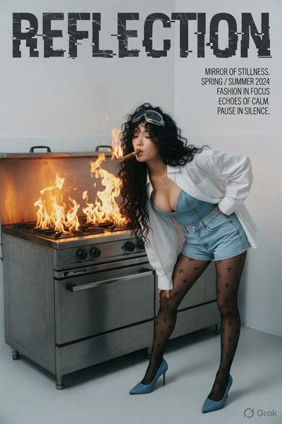 Asian model poses in minimalist laundromat with industrial washing machines