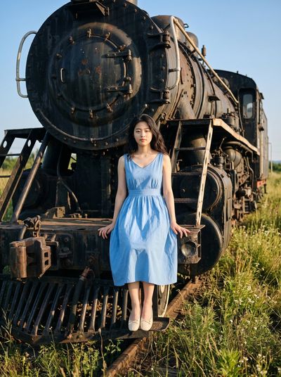 Serene Woman in Sky-Blue Dress Perched on Rusty Steam Engine