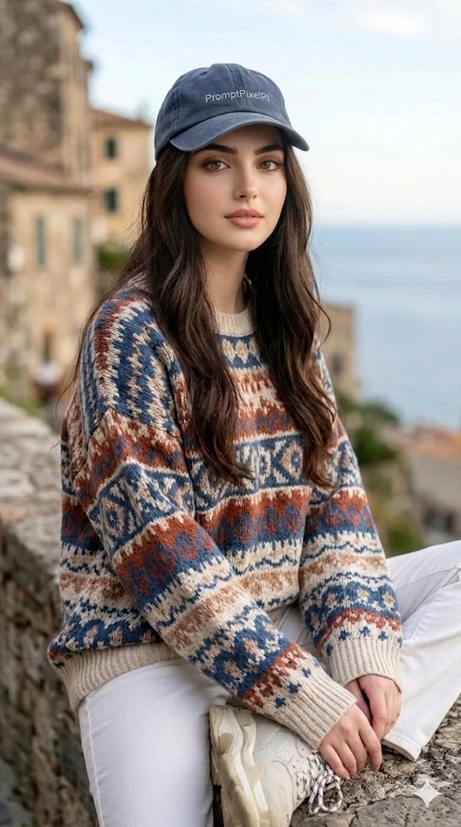 Young woman in Fair Isle sweater gazes over coastal village