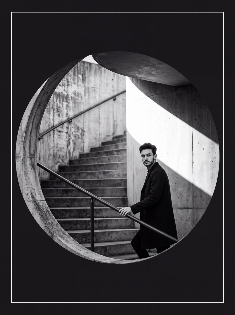 Man Ascending Brutalist Stairwell Looks Back Through Circular Porthole