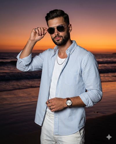 A bearded man in white and blue stands on a dusky beach